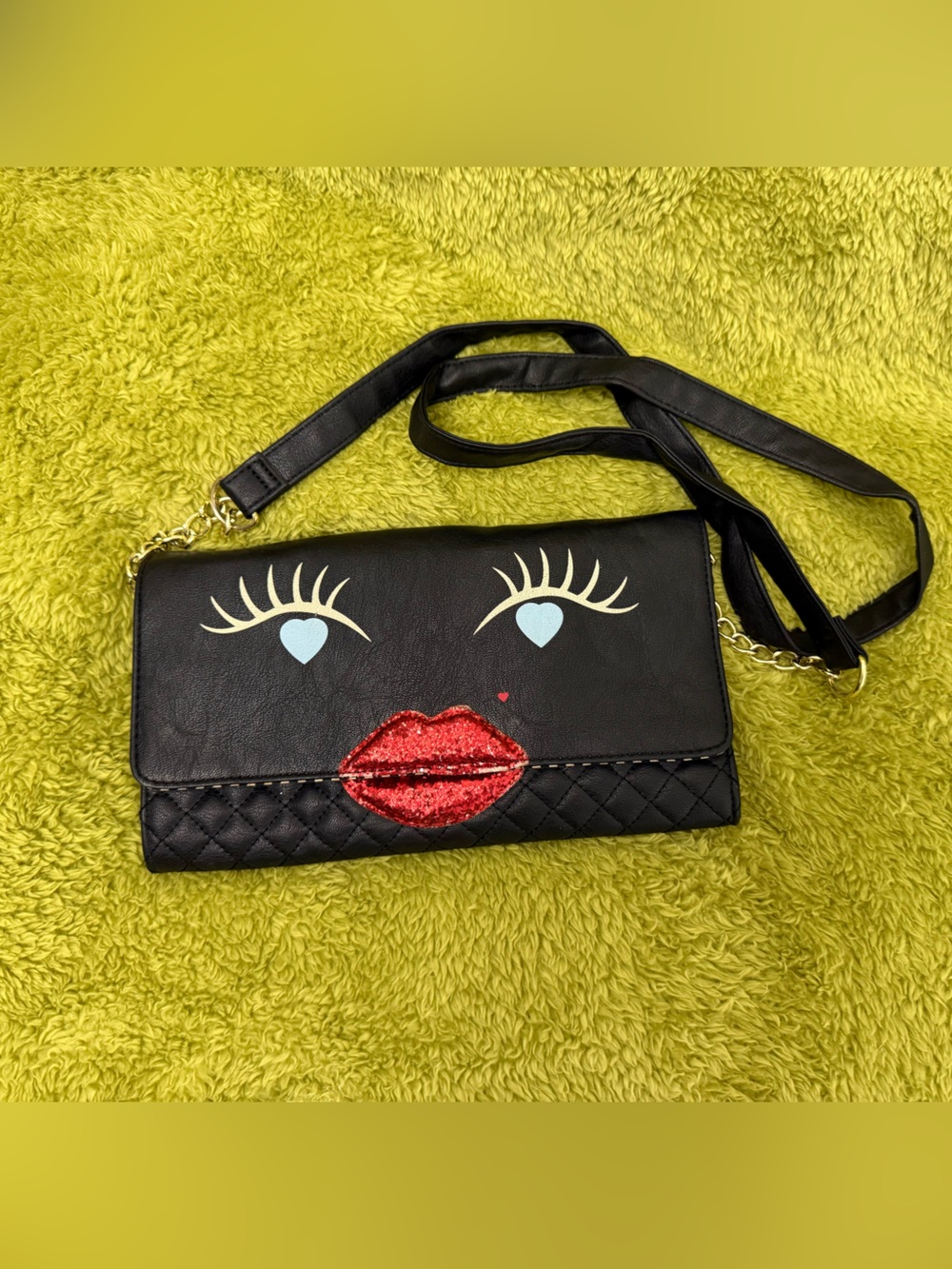 Betsey Johnson Black Crossbody Bag with Red Lips and Blue Eyes